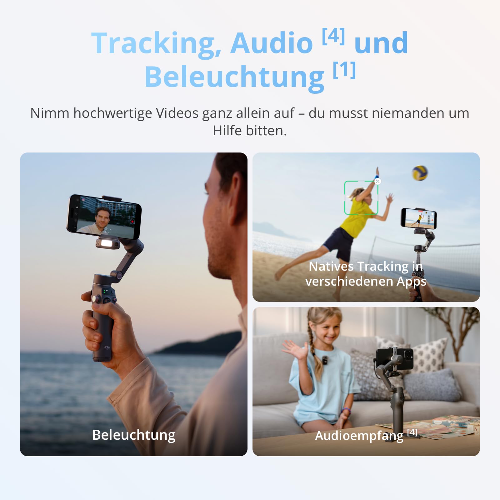 DJI Osmo Mobile 8 Advanced Tracking Combo Gimbal-Stabilisator für Smartphones, Natives AI-Tracking mit Audio und Beleuchtung, 360°-Schwenkrotation, Verlängerungsstab & Stativ integriert, 10 Std. Akku 3