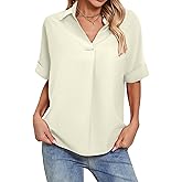 Poplab Women's Summer Work Tops Short Sleeve Blouse Business Casual Shirt with V-Neck Collar Lightweight Lime Tinted White L