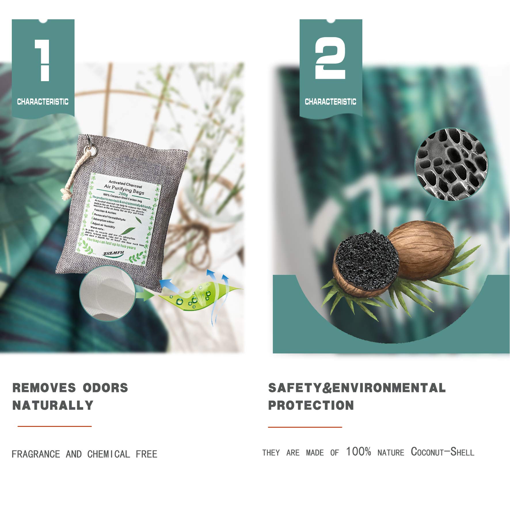 ZSZMFH 3 Pack Activated Charcoal Air Purifying Bags(220g/pack)+3 Pack Refrigerator Deodorizer(50g/Pack),Odor Absorber Bags,100% Coconut-Shell Carbon Bags for Refrigerator,Wardrobe,Car