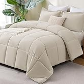 CozyLux Queen Size Comforter Sets Beige - 3 Pieces Box Stitched Queen Bed Set for All Seasons, Soft Lightweight Bedding Sets with 1 Down Alternative Comforter and 2 Pillow Shams
