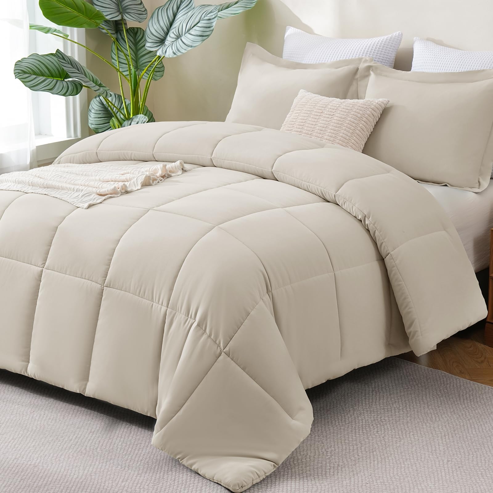 Photo 1 of CozyLux King Size Comforter Set - Beige Comforter King Size, 3 Pieces Box Stitched Bed Set for All Seasons, Soft Lightweight Bedding Sets with 1 Down Alternative Comforter and 2 Pillow Shams
