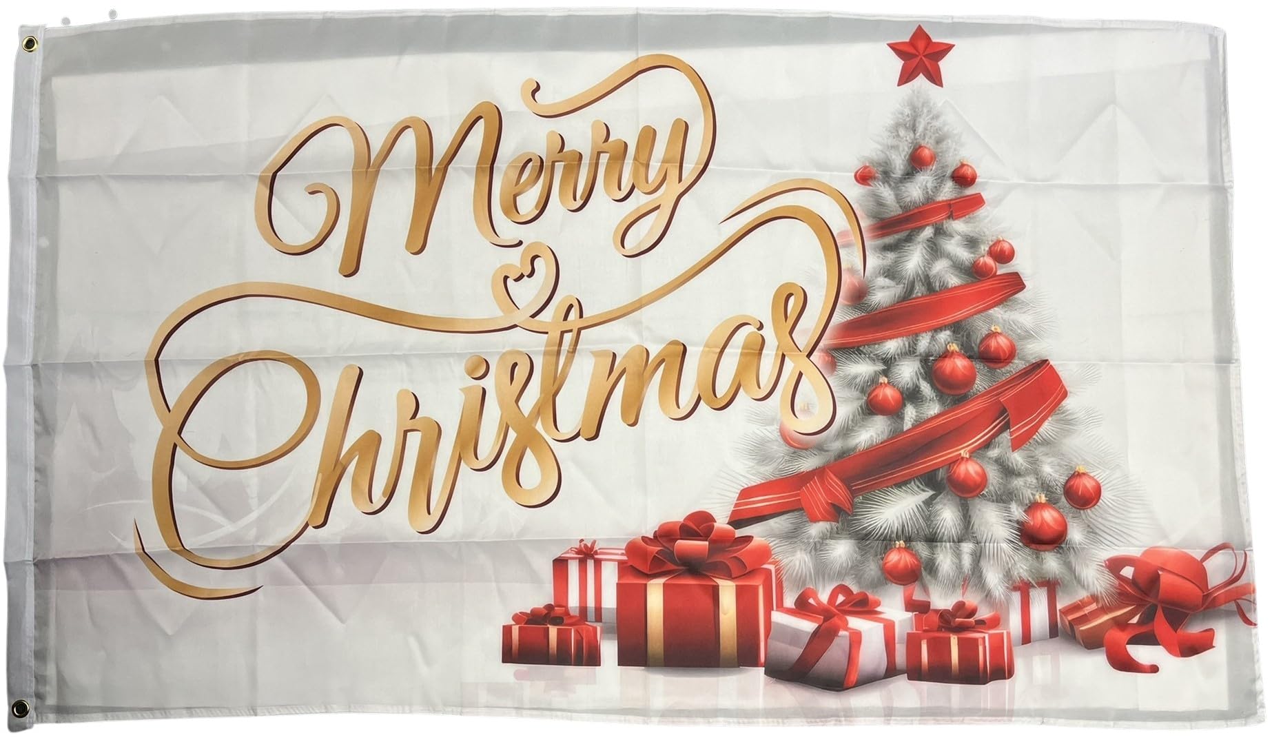 NWFlags Merry Christmas Tree Flag White 5ft x 3ft 75d Premium Polyester Suitable For Flagpoles | Strong Polyester 5x3 foot material flag with Eyelets Happy Xmas Festive Banner Christmas tree presents