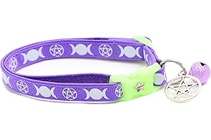 PUGS TO PERSIANS Wicca Cat Collar with Occult Charm & Bell | Witch’s Familiar Cat Collar | Witch Kitten Collar Charms | Glow in The Dark | Safety Breakaway Collar (Large(10lbs & Up), Solid Purple)