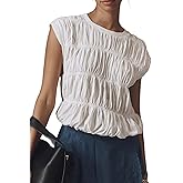 Bell Princess Womens Tiered Shirred Smocked Crop Tank Top Cap Sleeve Crew Neck Elastic Hem Y2K Going Out Blouse Shirt