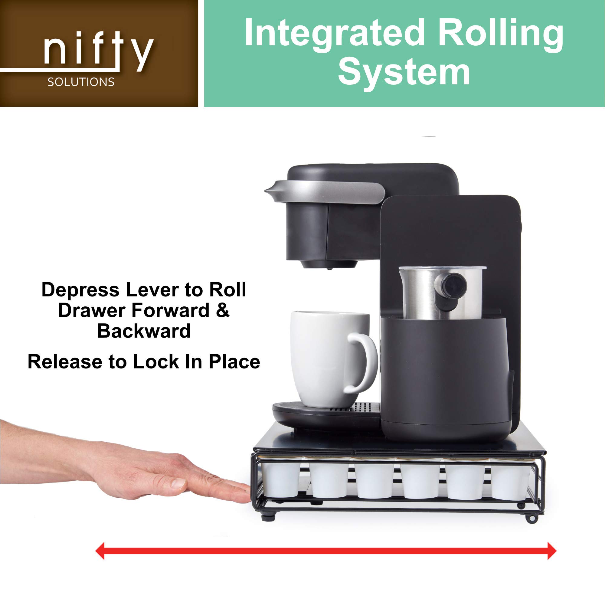 Nifty Rolling Coffee Pod Drawer – Black Finish, Compatible with K-Cups, 36 Pod Pack Holder, Compact Under Coffee Pot Storage Drawer, Slim Home Kitchen Counter Organizer