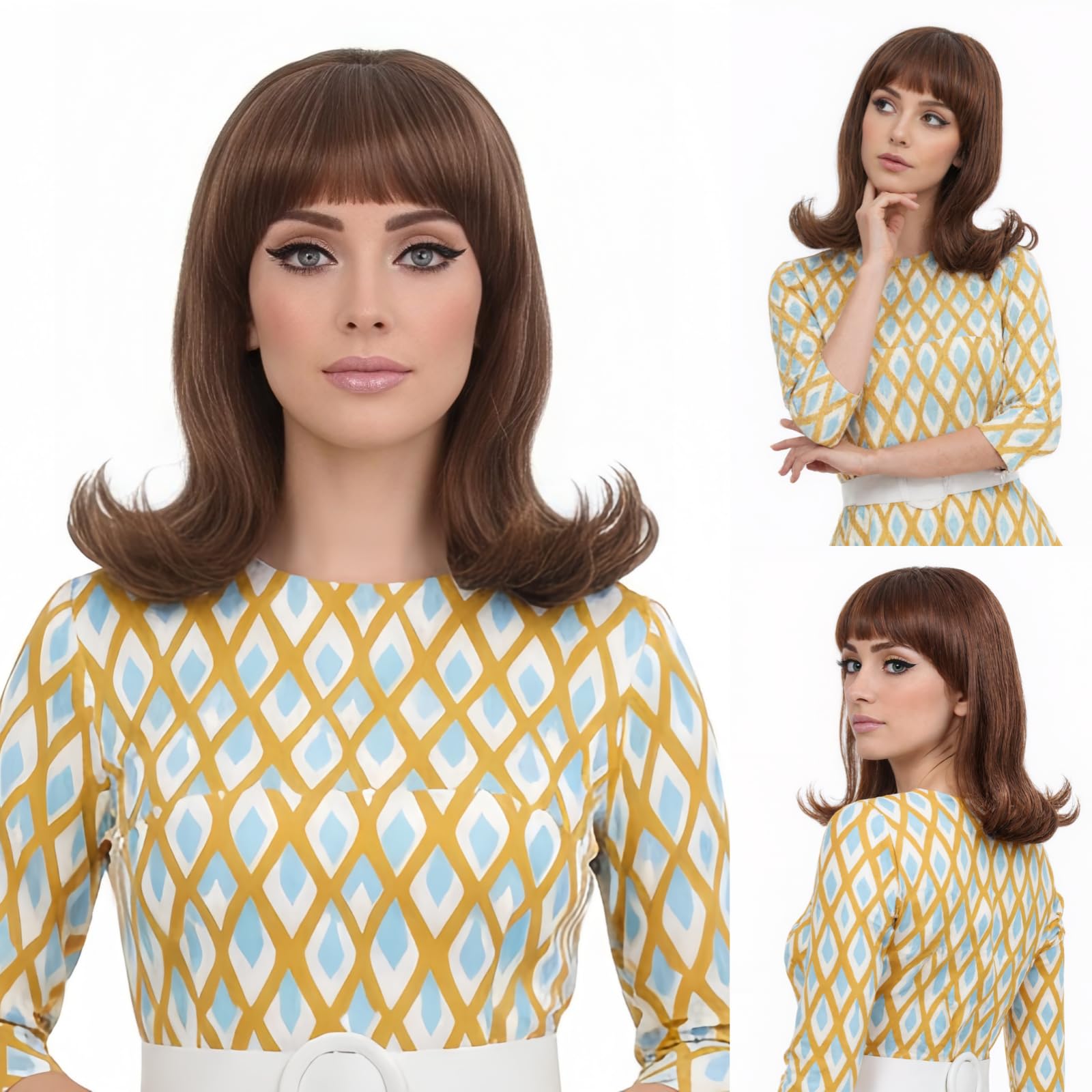 REEWES Brown 60s Retro Beehive Wigs for Women 70s Classic Style Cosplay Wig With Bang for Party, Halloween Use,Costume, Cosplay(Brown Highlight)