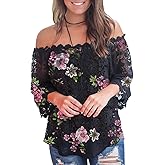 MIHOLL Women's Lace Off Shoulder Tops Casual Loose Blouse Shirts