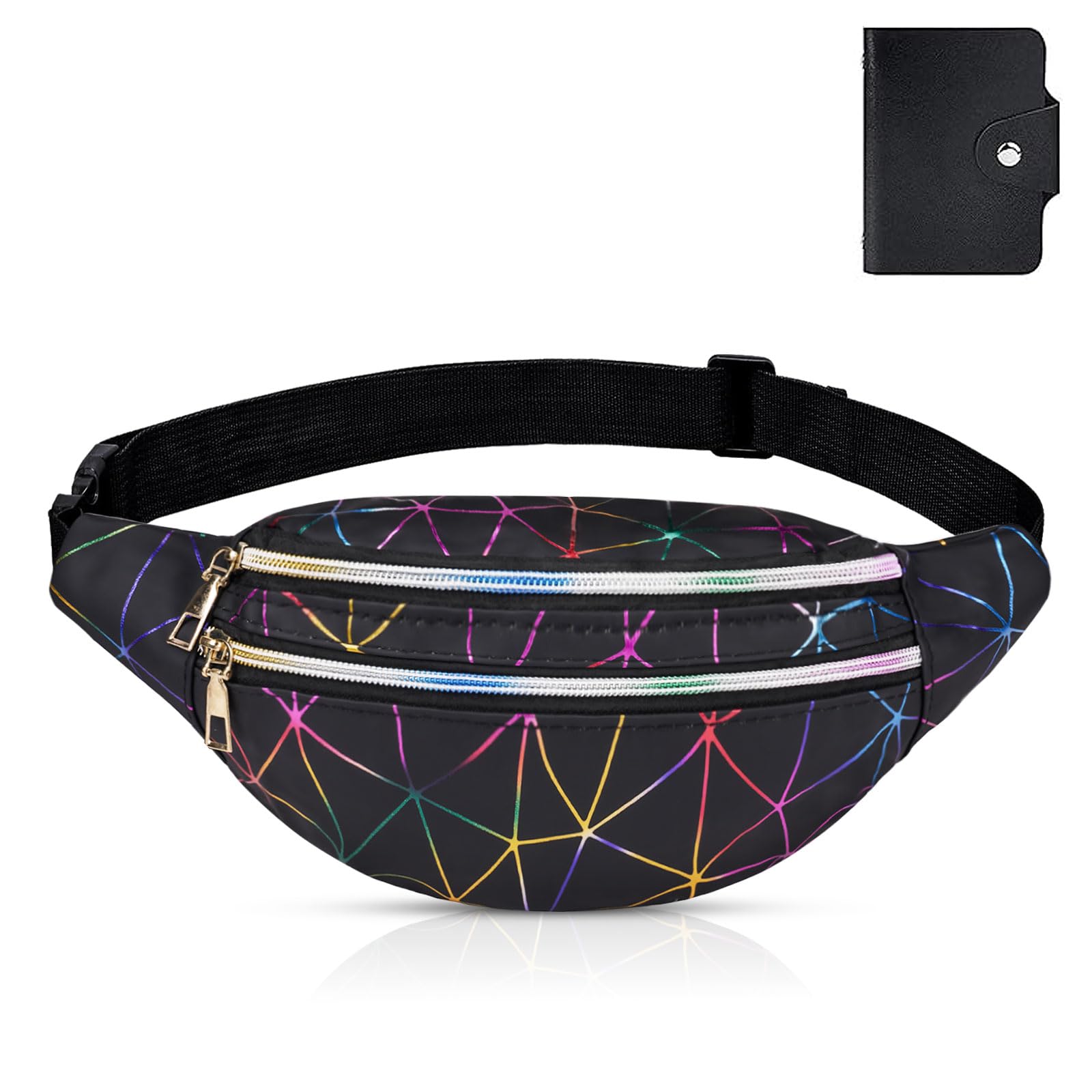 flintronic Waist Bag, Holographic Fanny Pack with PU Leather, Shiny Belt Bag Festival Rave Bumbags for Ladies Travel Party Sports Running Hiking(Black)(1 Business Card Holder Include)
