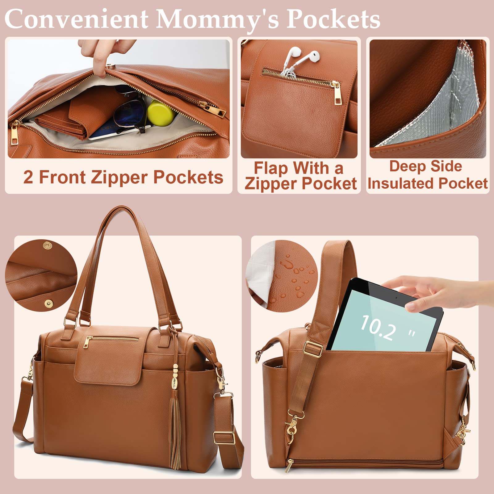 Diaper Bag Tote Leather Diaper Bag Backpack Large Baby Diaper Bag 14 Diaper Organizing Pouches,Changing Pad,Crossbody Strap,4 Insulated Pockets,Brown