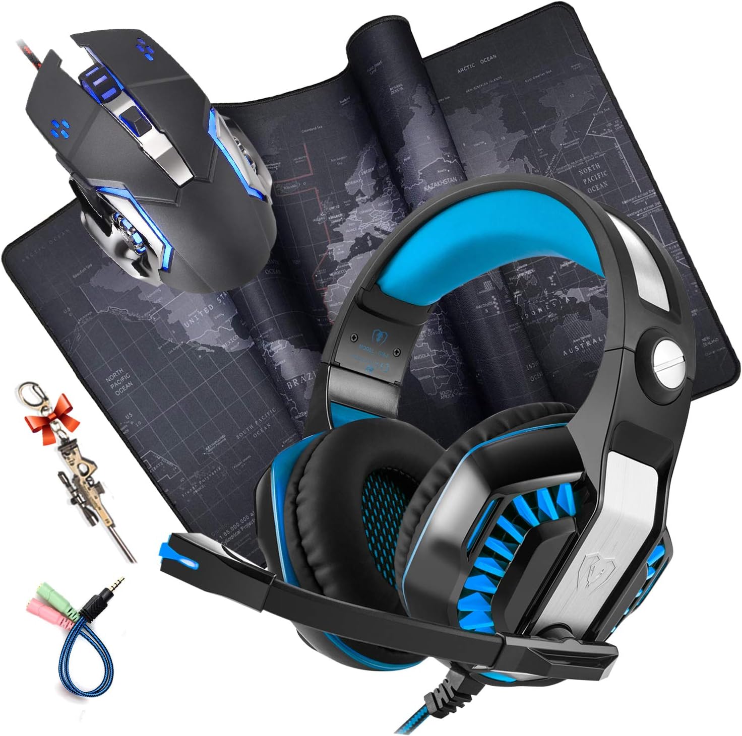 Headset Mouse with Mouse Pad Combo, Professional PC GM-2 Gaming Headphone with Mic，Silent Click Mechanical Gaming Mouse, Game Large Mouse Mat (23.6x11.8x0.8IN/60x30x0.2CM , Map)