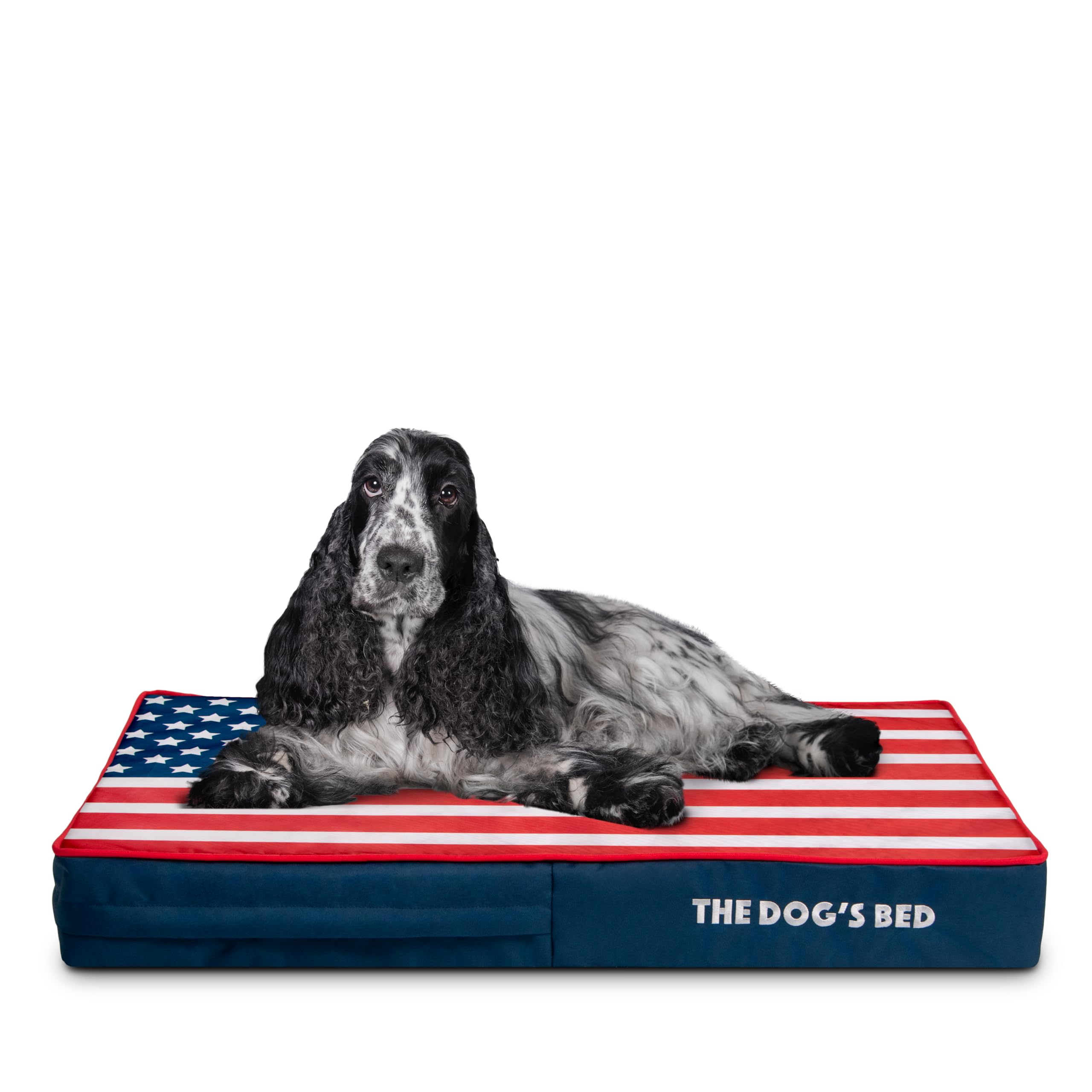 The Dog’s Bed Orthopaedic Memory Foam Dog Bed for Medium Dogs, Waterproof Washable Cover, Anti-Slip Base, Calming Surface – CertiPUR-Certified Foam, Blue with Red Trim & USA Central Flag, 10cm Thick