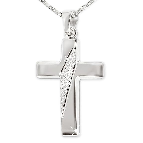 CLEVER SCHMUCK Set Silberner Anhänger Kreuz 21 mm glänzend und quer diamantiert mit Kette Singapur 45 cm Sterling Silber 925 