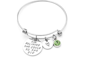 LIUANAN Stainless Steel Inspirational Encouragement Bracelet She Believed She Could So She Did Expandable Bangle Birthstone Charm Cuff Bracelet