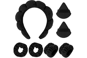 Araluky 7Pc Headband and Wristband Set for Skincare, Face Washing, Makeup Removal - Includes Terry Cloth Headbands, Facial Sponges, and Powder Puffs in Black