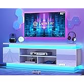 Lamtor 70 Inch TV-Stand - Television Stands for 75 80 85 Inch TV - 2 Tier Entertainment Center with 4 AC Outlets & 2 Smart RGB LED Light Strips - Media Console Table for Living Room, White