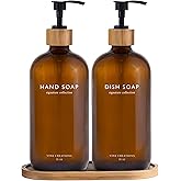 Vine Creations Amber Glass Soap Dispenser Set, Hand Soap and Dish Soap Dispenser Set with Bamboo Tray, 16 oz Glass Dispensers Bottle for Kitchen and Bathroom Decor Modern Boho with Bamboo Pump (Amber)
