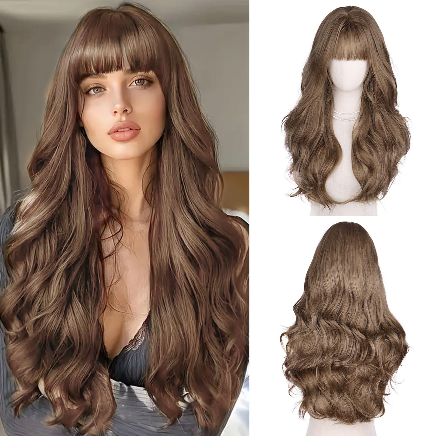 Fulang Hair Long Wave Brown Wigs for Women Long Curly Wigs with Bangs Synthetic Hair Heat Resistant Wig for Daily Party Cosplay Use