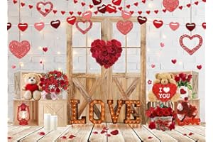 CYLYH 7x5ft Valentine's Day Backdrop Rustic Wood Door Backdrop Red Love Heart Backdrops Valentine's White Brick Wall Backdrop Mother's Day Backdrops Party Bridal Shower Kid Birthday Party Banner
