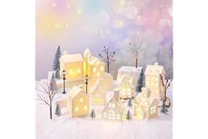Tioncy 26 Pcs Ceramic Christmas Village Houses with Christmas Tree Berry Tree Bird Xmas Street Lamp DIY Xmas Village Houses Figurine for Tabletop Mantle Decor