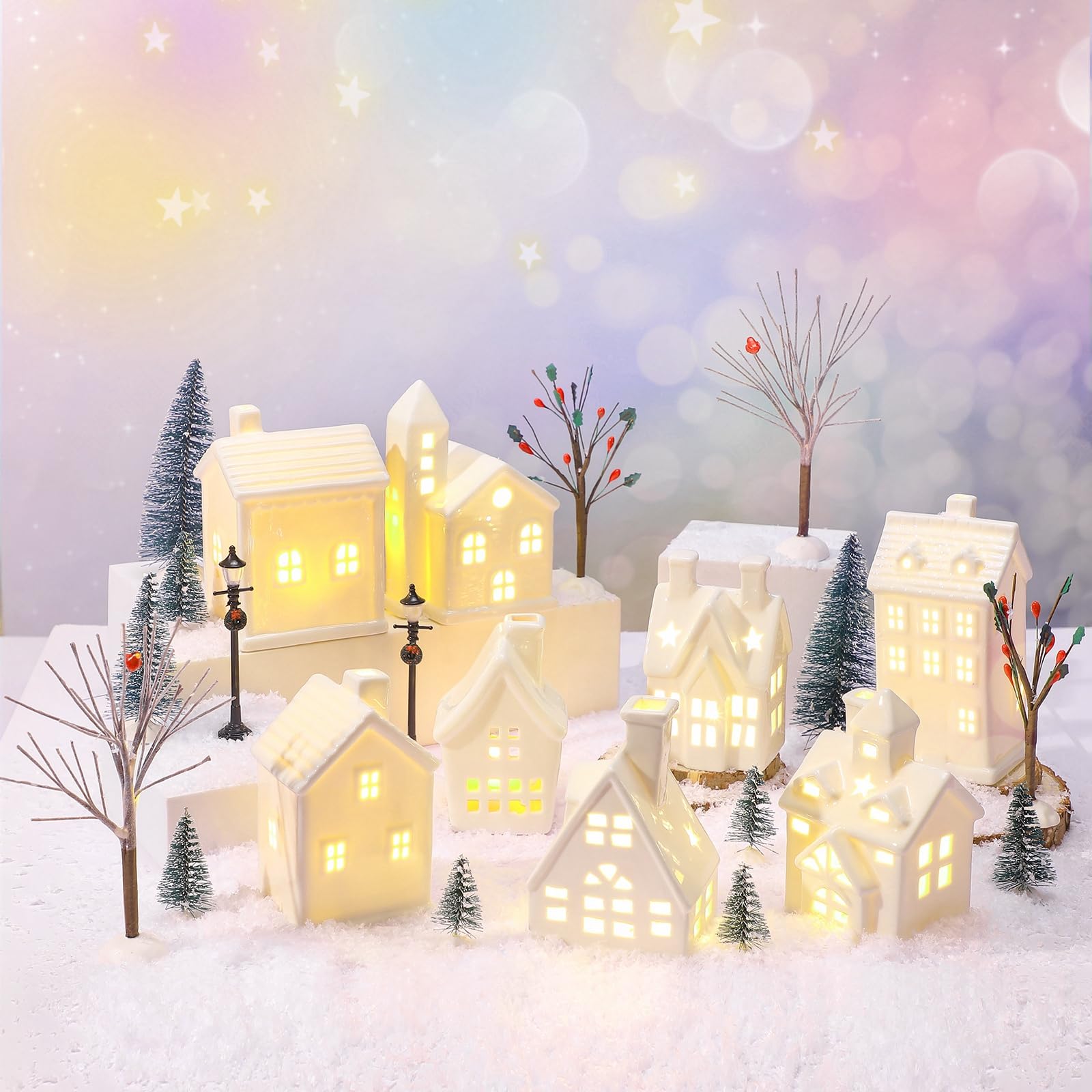Photo 1 of ***2 HOUSES ARE DAMAGED (BROKEN) CAUTION OPENING*** Tioncy 26 Pcs Ceramic Christmas Village Houses with Christmas Tree Berry Tree Bird Xmas Street Lamp DIY Xmas Village Houses Figurine for Tabletop Mantle Decor
