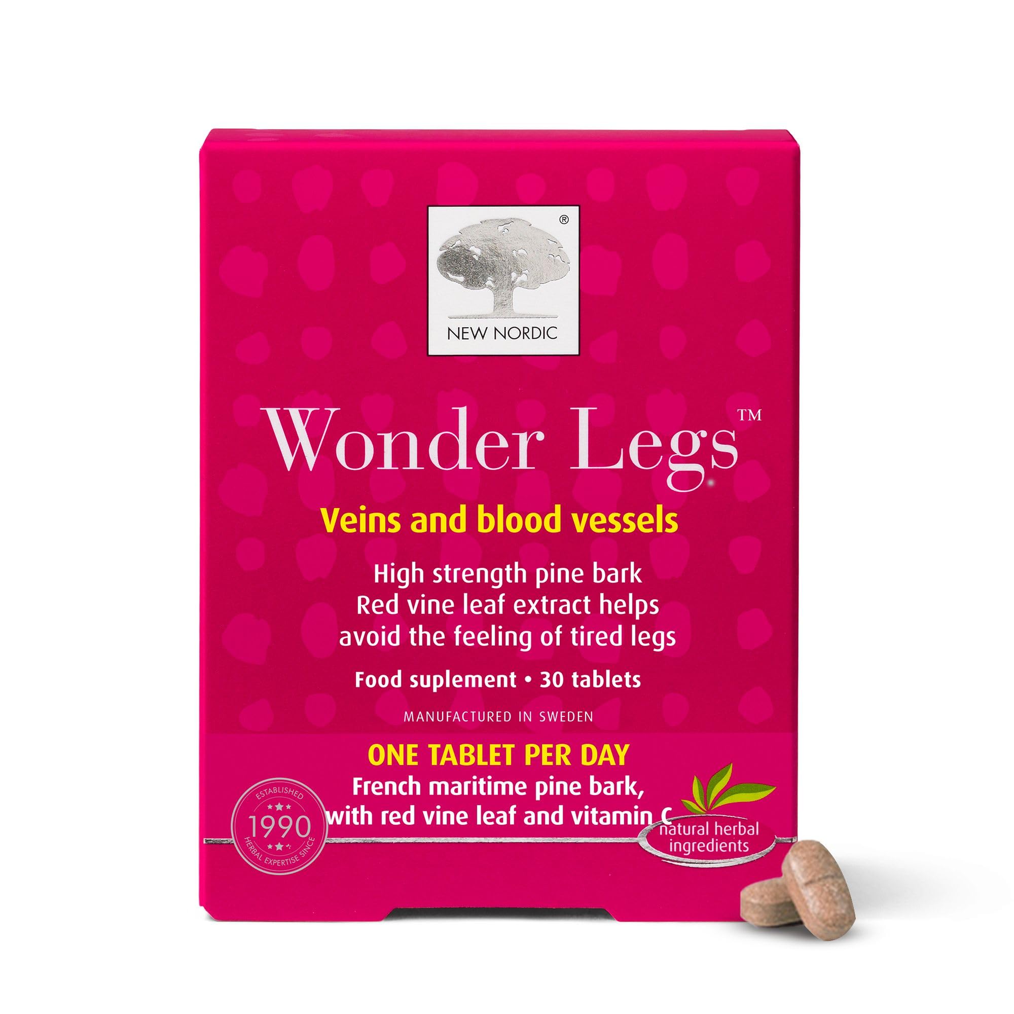 New Nordic Wonder Legs, High-Strength Pine Bark & Red Vine Leaf Extract with Vitamin C, Supports Normal Circulation & Vein Function, 30 Tablets