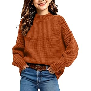 Girls Turtleneck Sweaters Mock Neck Batwing Lantern Long Sleeve Pullover Teen Trendy Casual Loose Fall Winter Sweater Tops