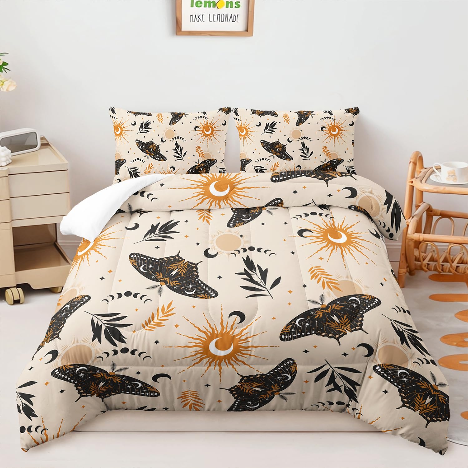 Photo 1 of AILONEN Sun and Moon Death Moth Comforter Set Queen Size, Gothic Bedding for Room Decor, 3 Pieces Bed in a Bag With 2 Pillowcases