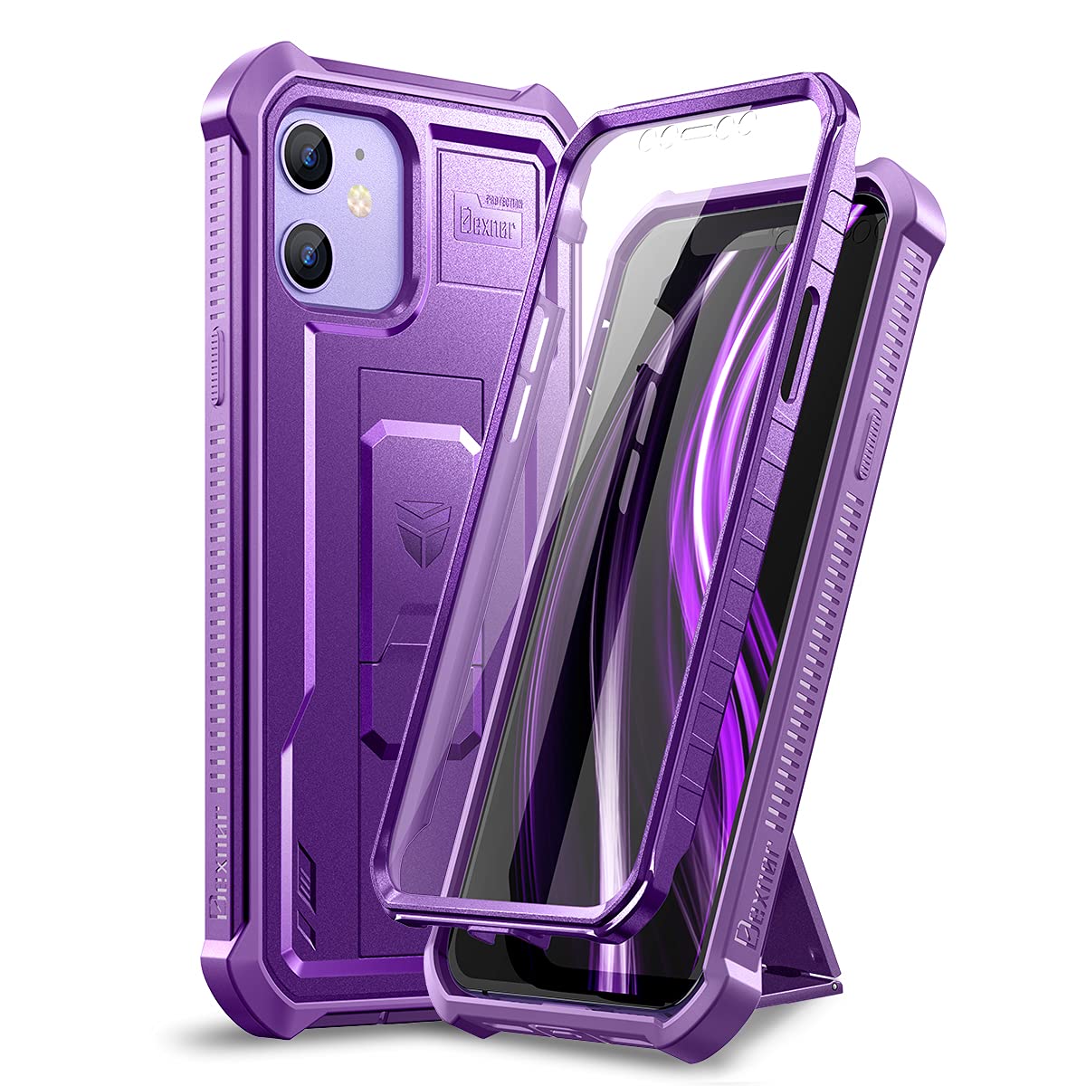 Dexnor Case Compatible with iPhone 12 & 12 Pro [6.1 inch] 360 Full Body Heavy Duty Military Grade Shockproof Hard Back Cover Built-in Screen Protector and Kickstand for iPhone 12/12 Pro - Purple