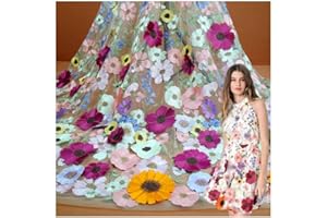 Primst 51.2" Width Flower Colorful Embroidered Lace Trim 3D Appliqué Embroidery Lace Fabric for DIY Handmade Clothing Evening Dress Home Decoration (White)