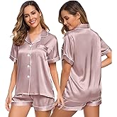 SWOMOG Womens Silk Satin Pajamas Set Short Sleeve Sleepwear Button Down Top and Shorts Loungewear 2 Piece Pjs Set XS-3XL