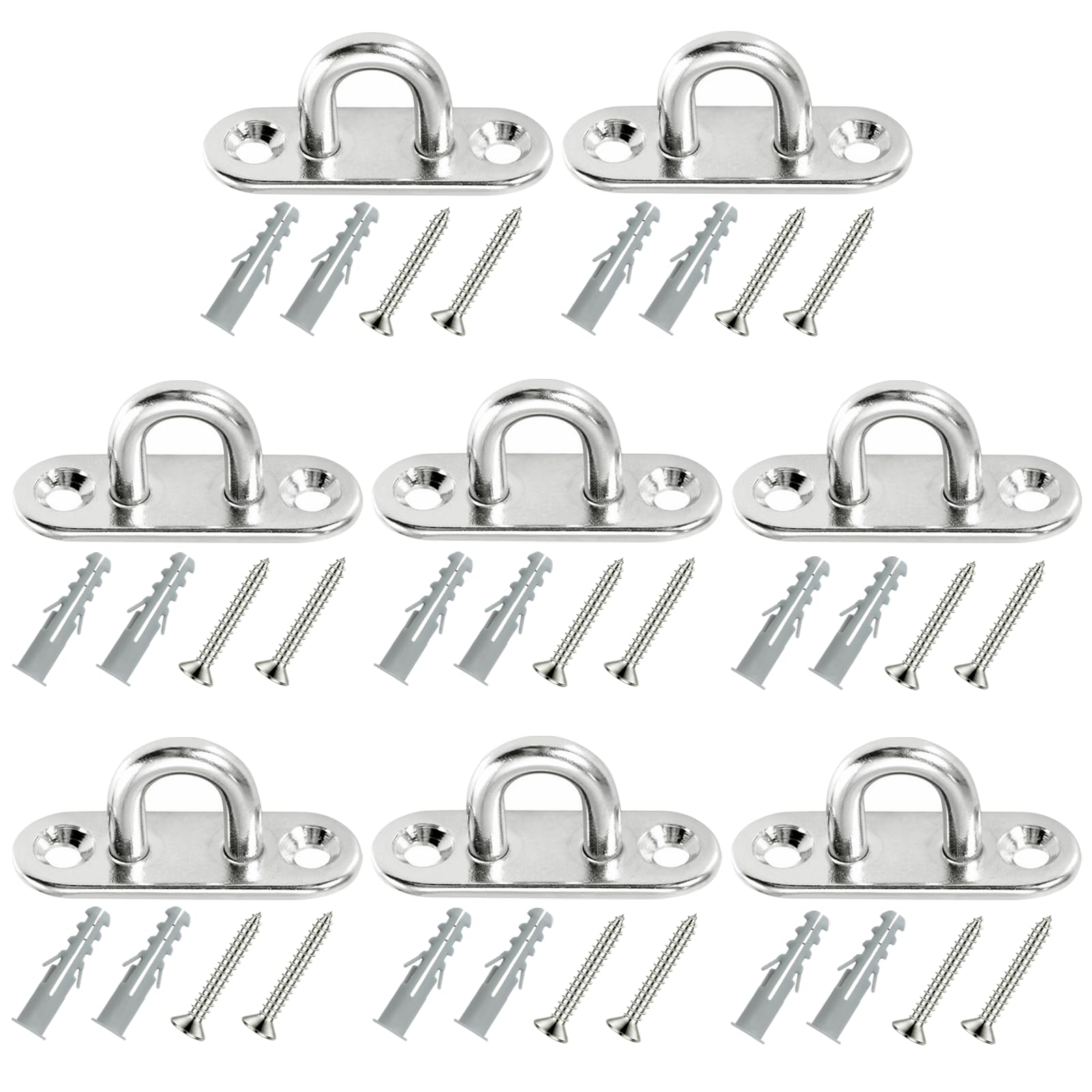 BORISCA 8 Pcs Stainless Steel Oblong Pad Eye Plate with 2 Hoods, M5 U Hooks with 16 Screws+Expansion Pipes, Eye Plate with Eyelet M5 for Hanging Wall Ceiling Marine Hardware Accessories