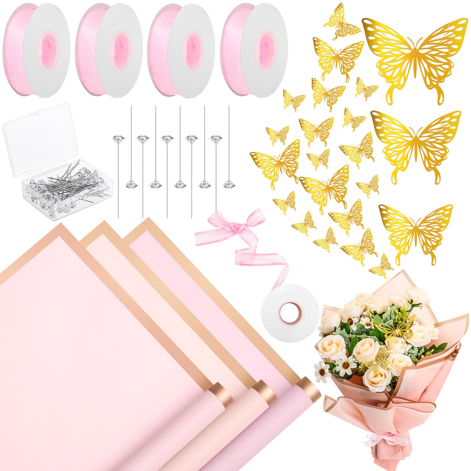 Photo 1 of 260 Pcs Mother's Day Korean Style Paper for Bouquets 22.8'' Flower Wrapping Paper, Include 4 Rolls Ribbon 100 Pins 96 Pcs 3D Butterflies for Wedding Birthday Present DIY(Pink Series)