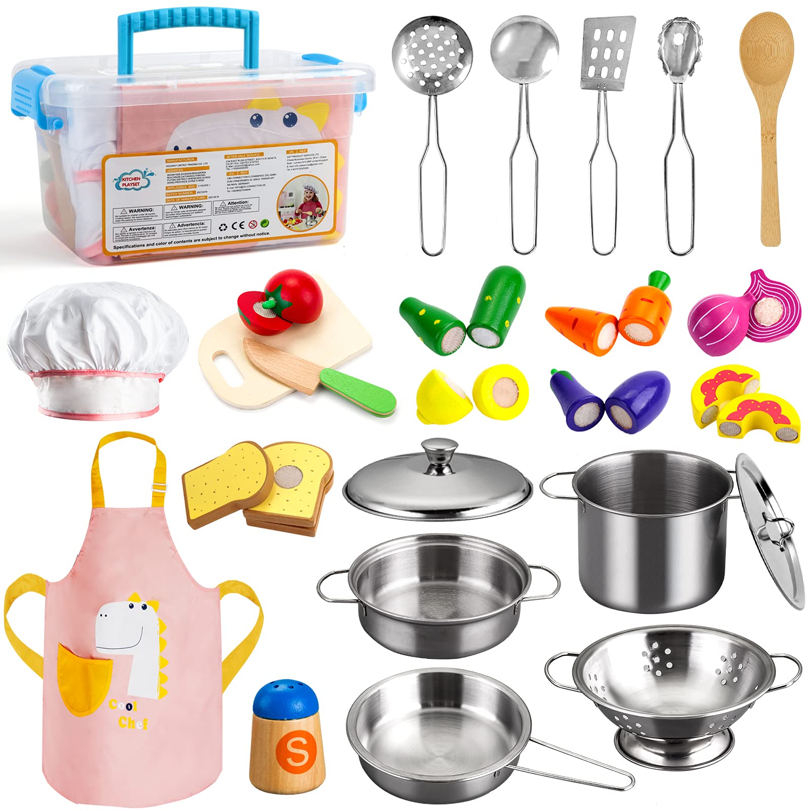 Sundaymot Kids Kitchen Pretend Play Toys, Wooden Cooking Toy Set with Stainless Steel Cookware Pots & Pans, Apron & Chef Hat, Chef Role Play for Boys, Girls, Toddlers 3+ Years (24 PCS)