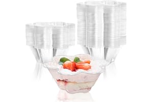 SOUJOY 100 Pack Clear Dessert Cups, 8 oz Disposable Ice Cream Bowls, Flower Shape Serving Bowl for Party, Sundae, Chocolate, 