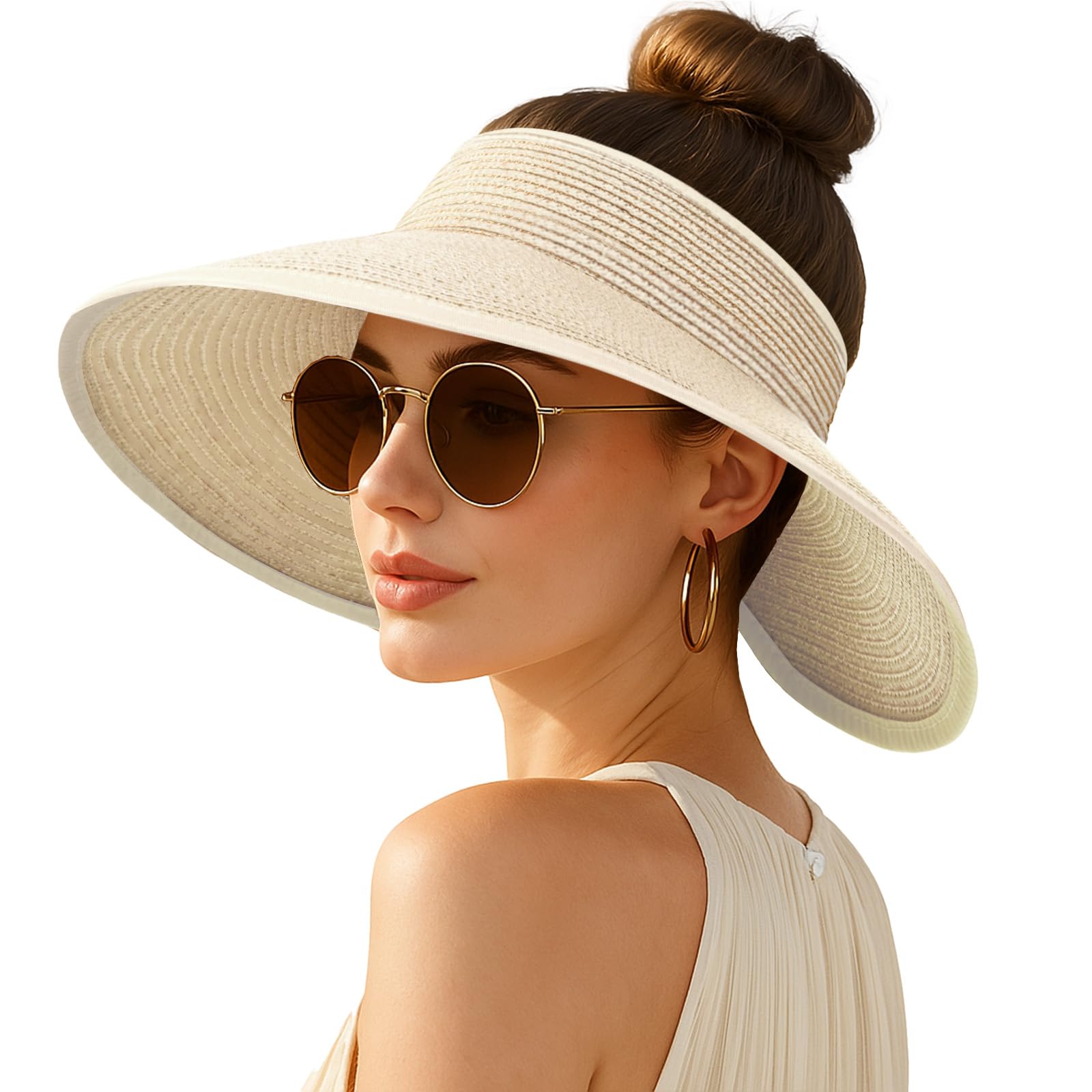 Photo 1 of Women's Sun Visor Hats Wide Brim Straw Beach Hat Ponytail Hats for Women Foldable Floppy