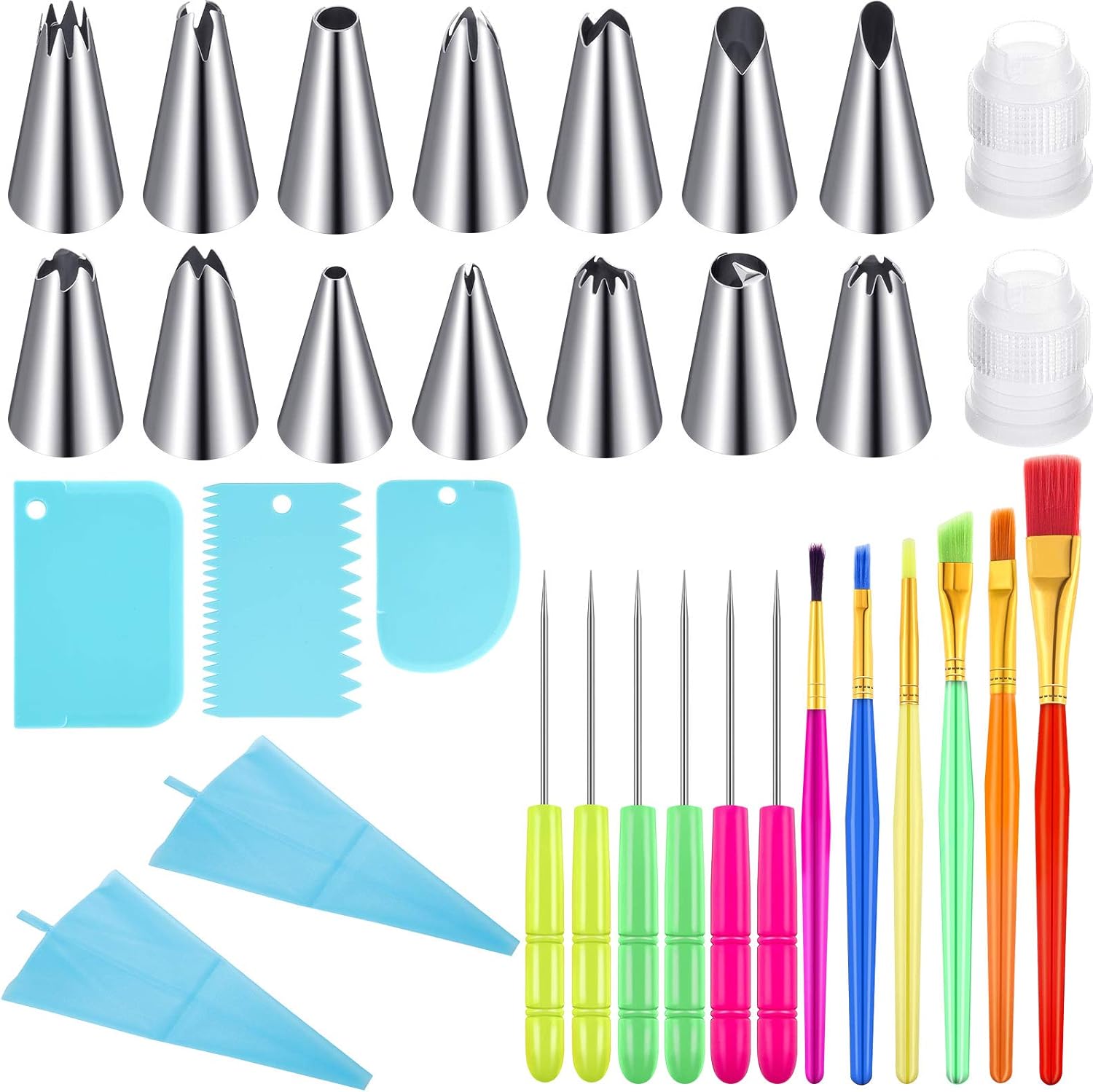 33 Pieces Cake and Cookie Decorating Set, 2 Pieces Silicone Icing Piping Bags, 14 Different Icing Piping Tips with Couplers, Cake Scrapers, Fondant Decoration Brushes, Sugar Stir Needle Scriber Needle