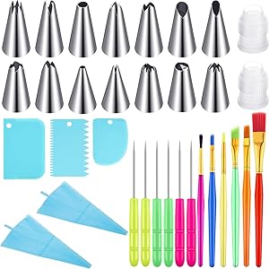 33 Pieces Cake and Cookie Decorating Set, 2 Pieces Silicone Icing Piping Bags, 14 Different Icing Piping Tips with Couplers, Cake Scrapers, Fondant Decoration Brushes, Sugar Stir Needle Scriber Needle
