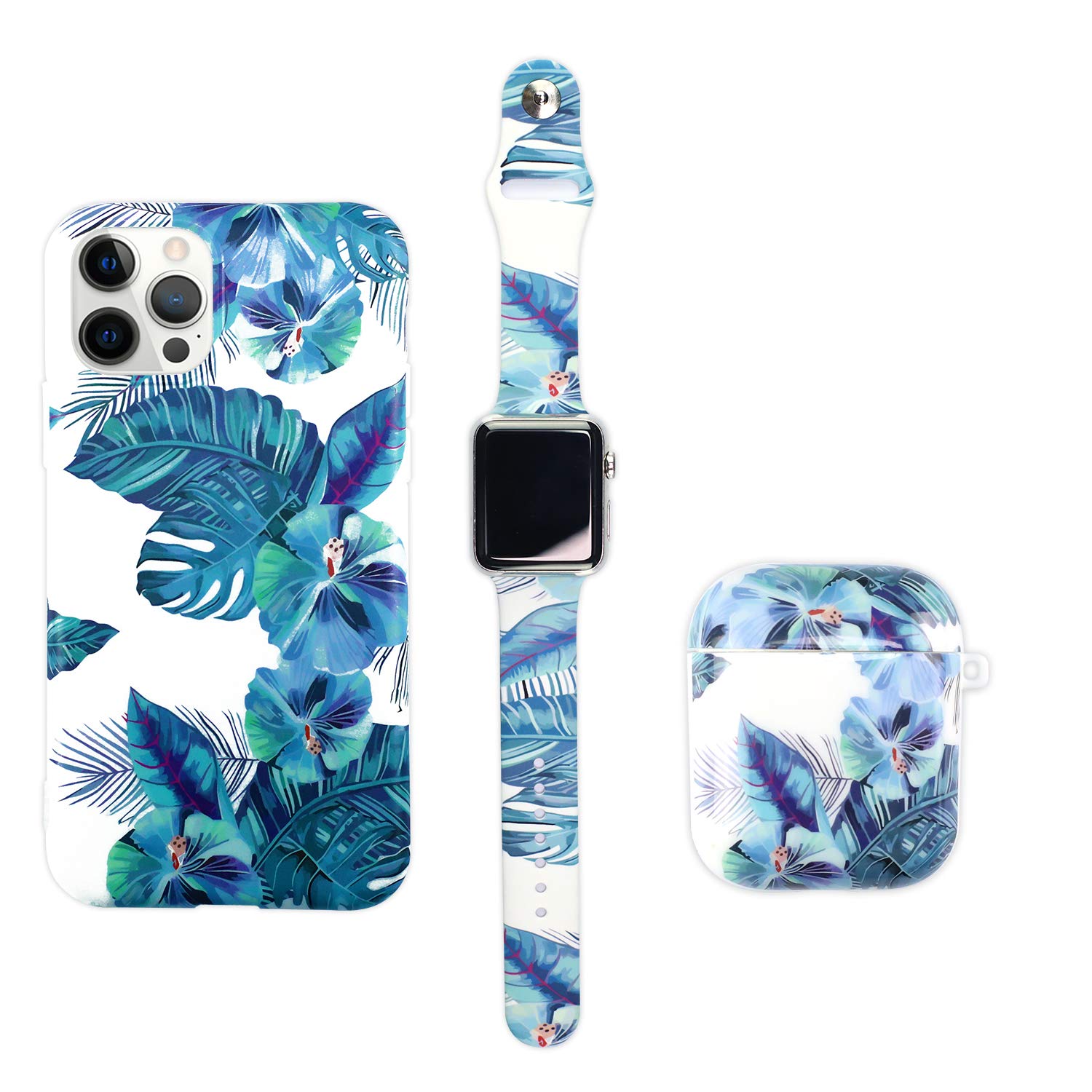 Makzib Matching Case compatible with iPhone 11pro,Airpods case 1& 2 & pro with Watch band. Marble design Thin slim Glossy 3 in 1 protective cases (38mm 40mm Airpods pro, Floral Blue)