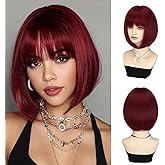 Bob Wig with Bangs Short Hair Wig Burgundy Red Bob Wigs for Women 12 Inches Synthetic Wig Straight Cosplay Wigs Colorful Wine Red Natural Hair Replacement Wigs for Girls Hoilday Daily Party Use