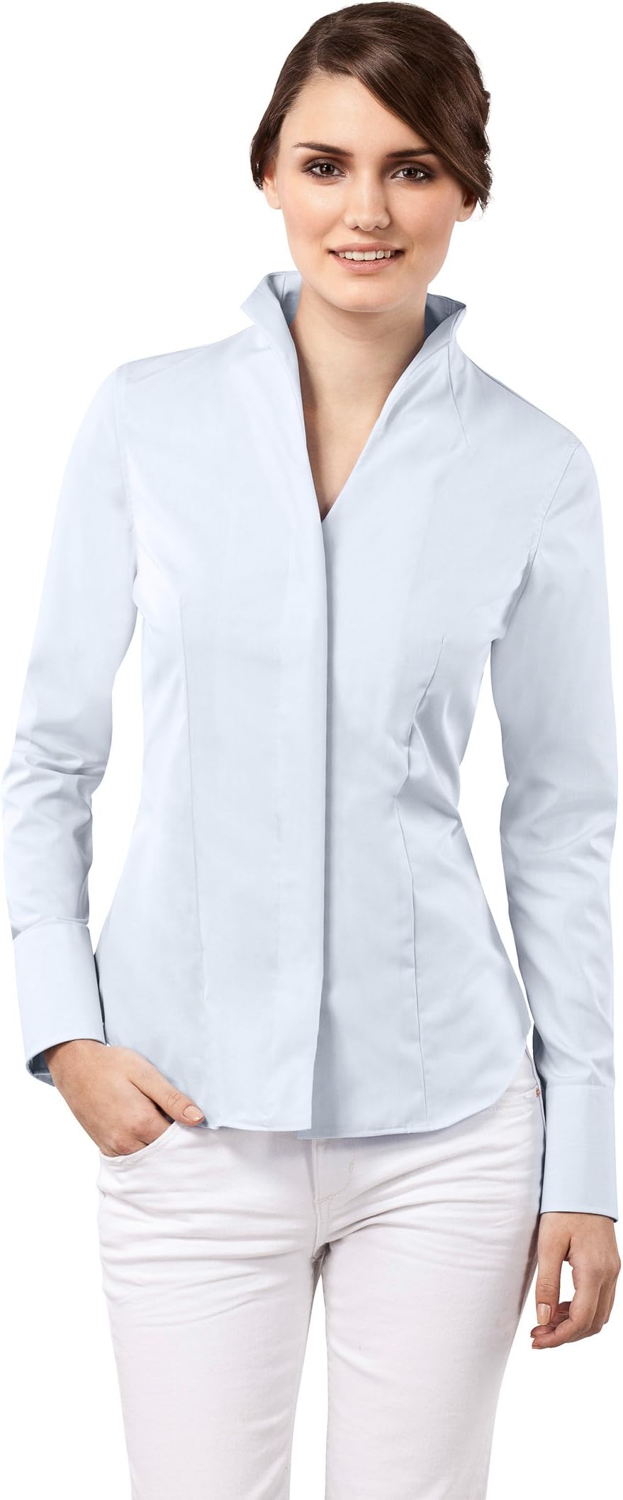Vincenzo Boretti Women's Blouse Modern-fit 100% Cotton Non-Iron Cup-Collar Long-Sleeve Plain Colour Nice Elegant Ladies Fashion Design for Office Work, Formal and Casual Events