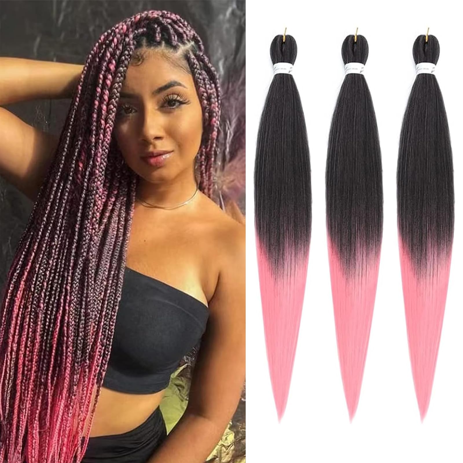 Easy Braid Pre stretched Braiding Hair Extensions - 26 Inch 3Packs Ombre Braiding Hair Soft Yaki Texture Crochet Synthetic Hair for Woman Hot Water Setting Crochet Braiding Hair Extensions (1B/Pink#) โ image 1