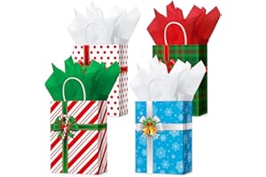 CENSEN 24 Pcs Christmas Gift Bags with Tissue Paper, Merry Christmas Xmas Kraft Paper Goodie Bags with Handles Bulk for Christmas Gift Wrapping Holiday Party Supplies (Vivid Style)