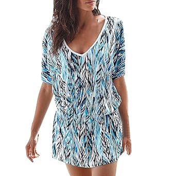 IZZB Mode Damen Sommer Partykleid Beiläufige lose Kurze Hülse gedruckt V-Ausschnitt Strandart Mini Freizeitkleid Abendkleid C