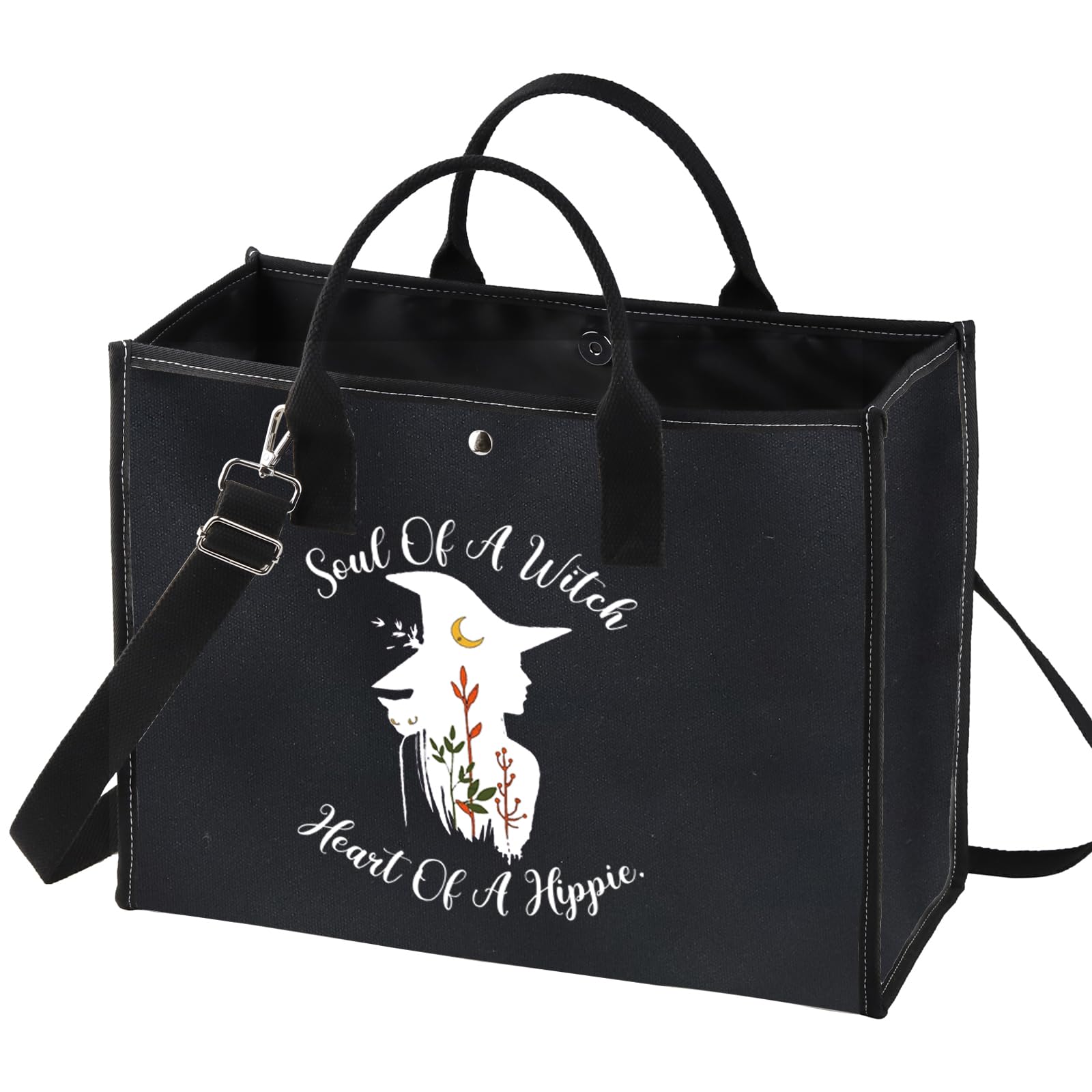 LEVLO Witch Canvas Tote Bag - Witchy Gift, Soul Of A Witch, Heart Of A Hippie - Medium, Black