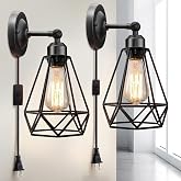 WimiSom Plug in Wall Sconce, Wire Cage, Industrial Wall Lamp with Plug in Cord, Rustic Sconce Fixture, On/Off Switch Vintage Wall Light Fixture for Headboard Bedroom Porch-2 Pack