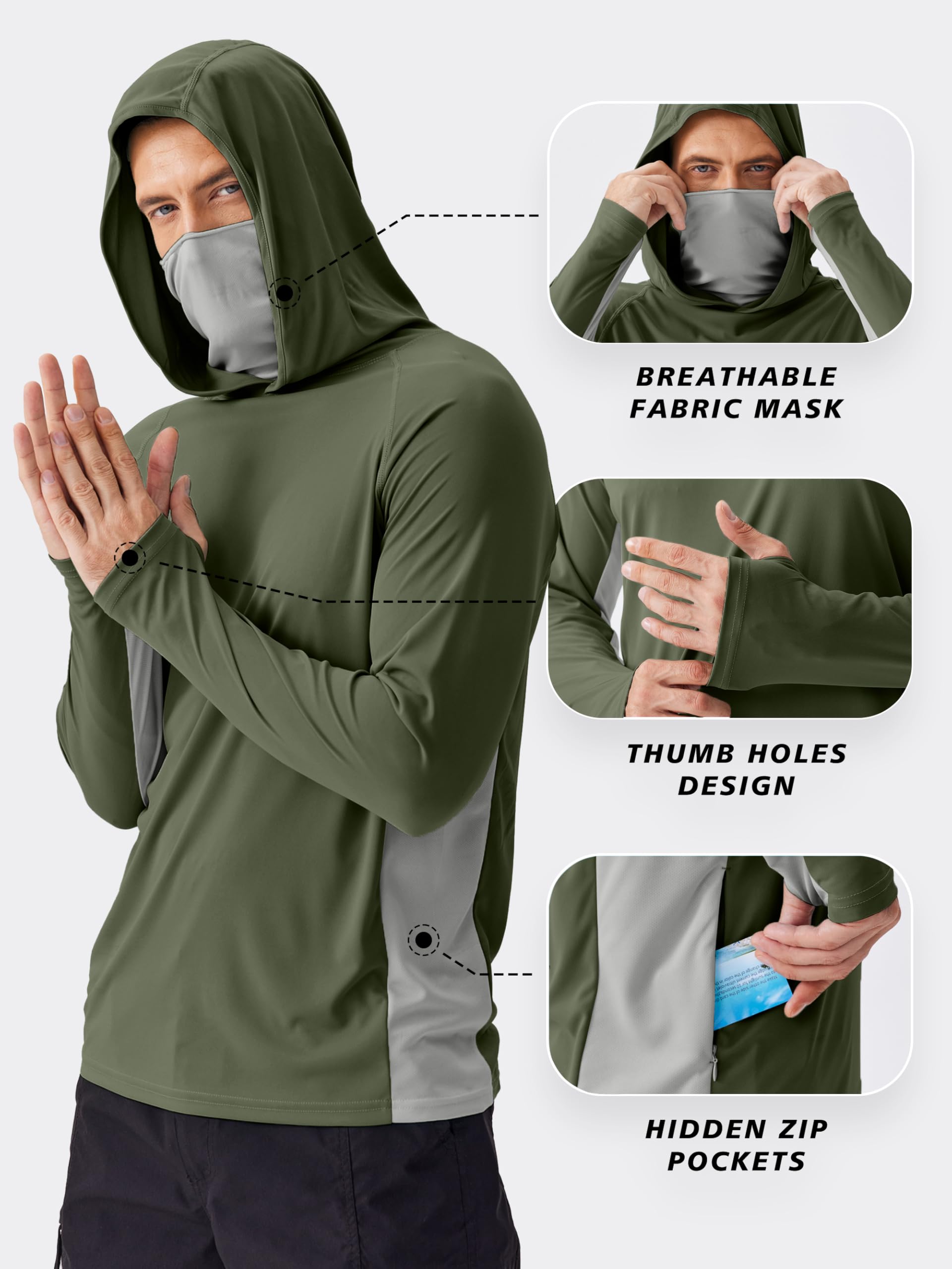 Men's Sun Protection Hoodie with Mask UPF 50+ Fishing Shirts for Men - UV Long Sleeve Shirt Men for Running Athletic Workout M Army Green