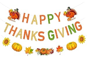 FHGG Glitter Happy Thanksgiving Decorations Banner Give Thanks Banner Decorations Fall Banner Thanksgiving Turkey Pumpkin Maple Leaves Banner for Thanksgiving Decorations Fall Give Thanks Party Outdoor Indoor Décor 3 Pieces
