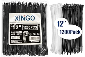 XINGO 1200 PCS Cable Zip Ties 12 inch Heavy Duty, 50lbs Tensile Strength, Black Zip Ties 1000PCS+White 200PCS, Premium Self L