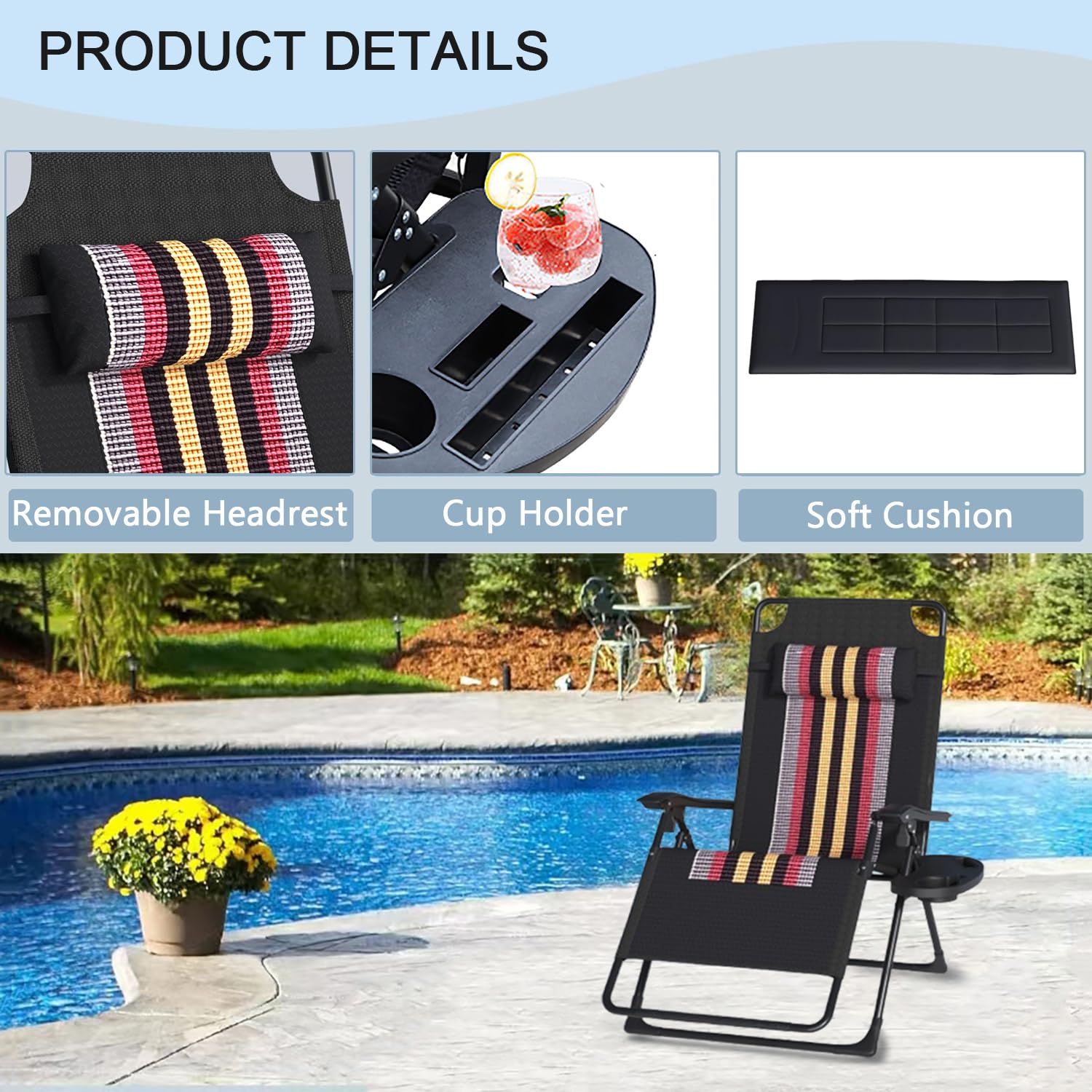 OVLRIJP Garten Liegestuhl Klappbar, Extra Breit 72cm Klappbare Gartenliege, Sonnenliege Klappbar, Klappliegestuhl mit Getränkehalter & Kissen, Relaxliege für Outdoor Garten Balkon (Strip-mit Kissen) 2