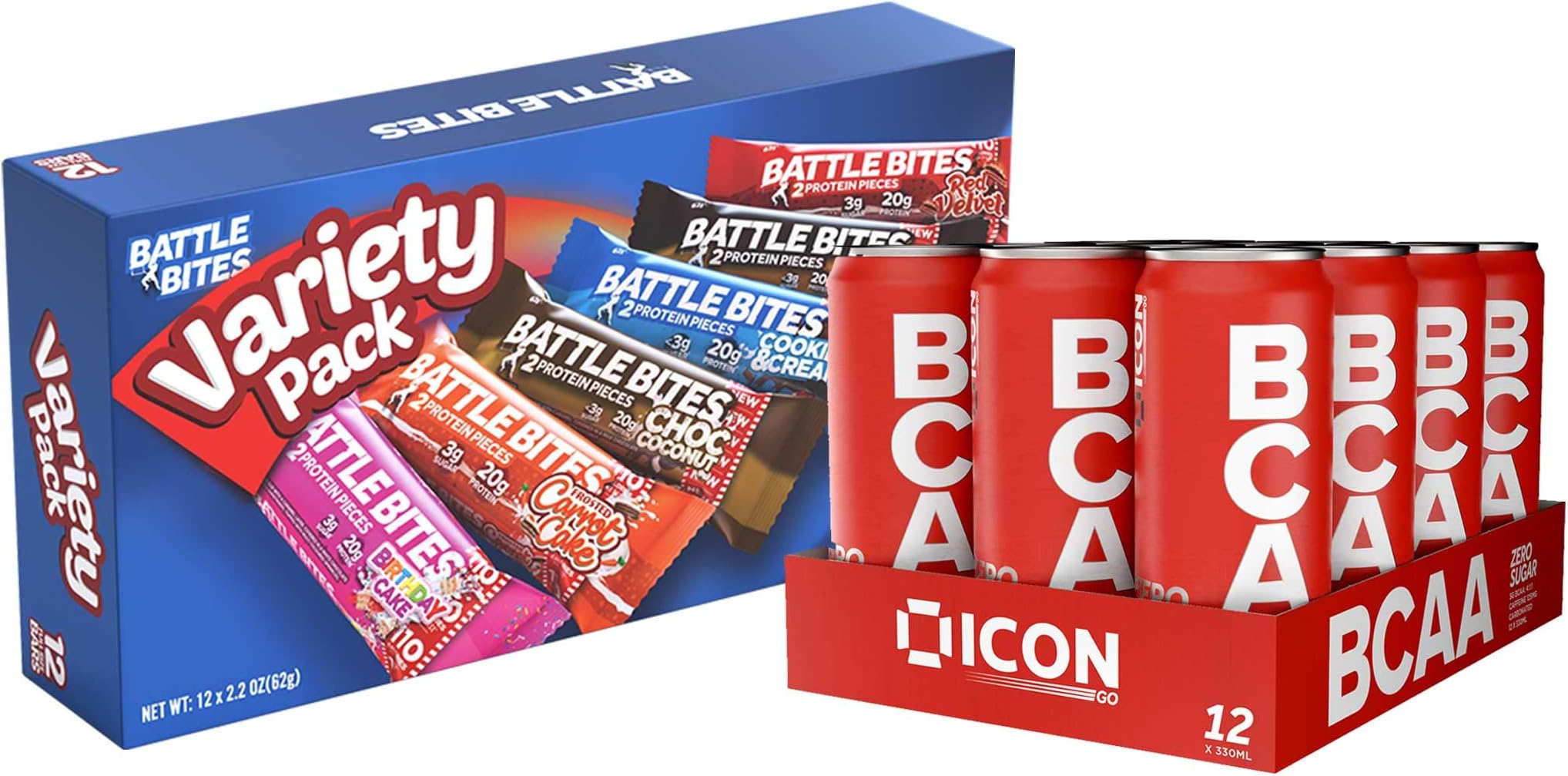 Refuel Bundle - Battle Bites Variety Pack High Protein Low Sugar/Carb Bars 12x 62g + BCAA Zero Sugar Energy Drink Cans 12-Pack